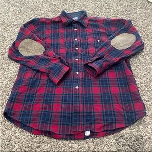 Pendleton vintage plaid 100% wool button-down shirt suede elbow patches large
